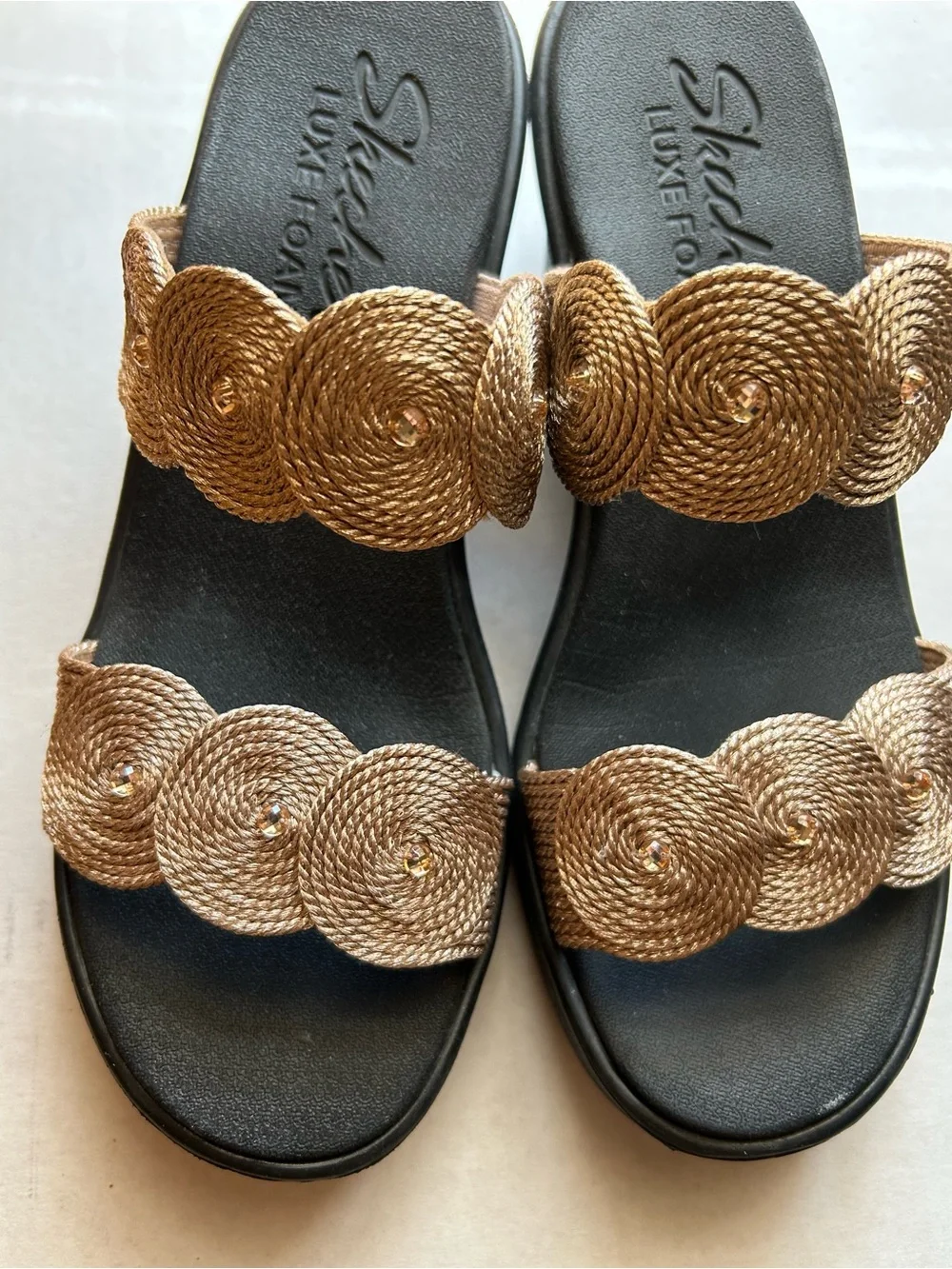 Wedges Slides Two Straps Embellished Slides size 9 Skechers Slides Shoes Gold